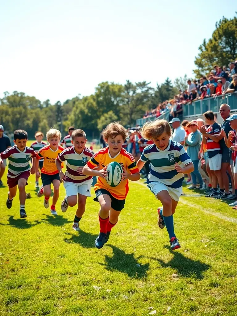 A vibrant image capturing the excitement of a youth rugby match, showcasing young players in action with enthusiastic spectators in the background, symbolizing community engagement and the positive impact of FFR's youth programs.