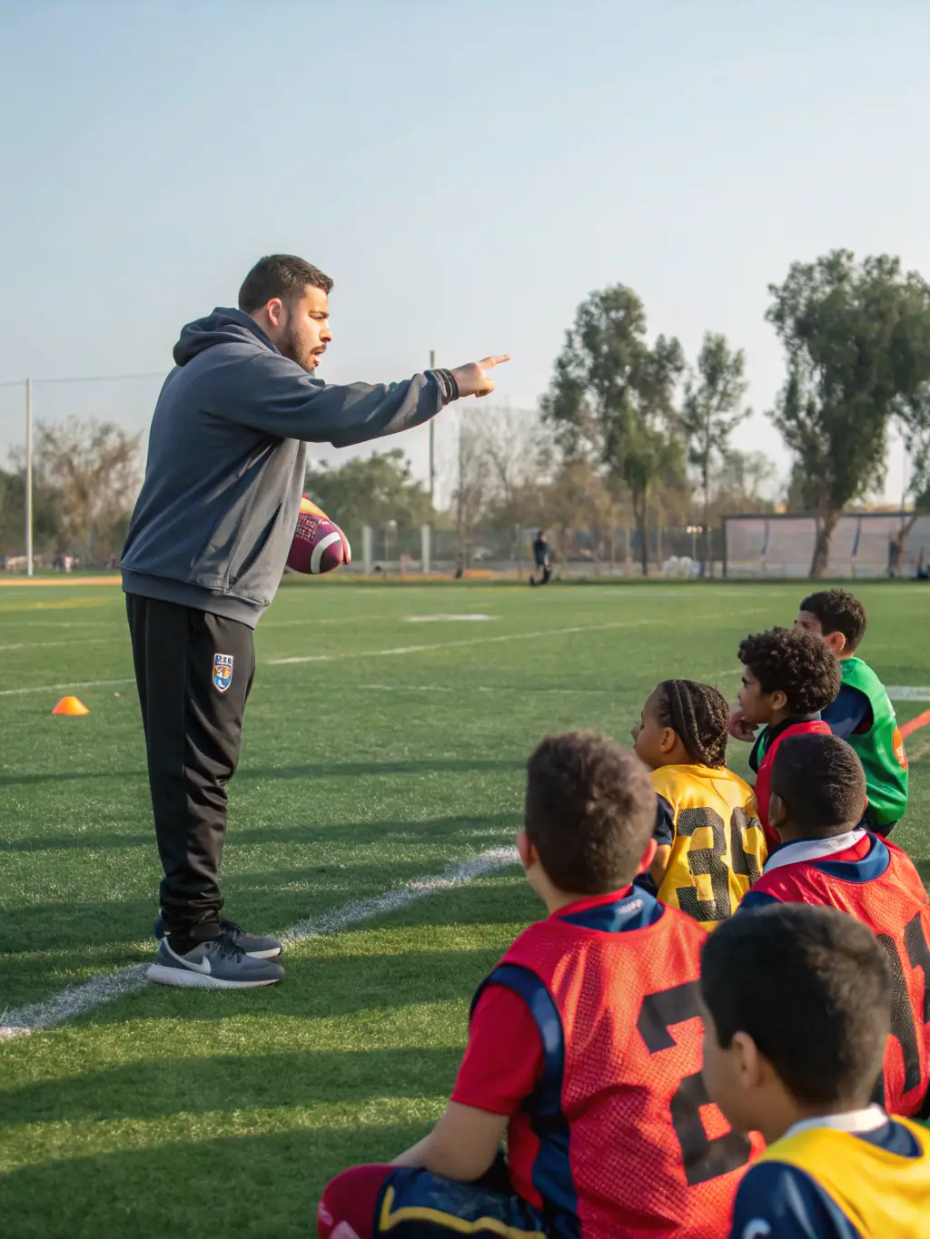 A vibrant image depicting young rugby players participating in a training session, with coaches actively guiding them on the field, showcasing the FFR's commitment to youth development.
