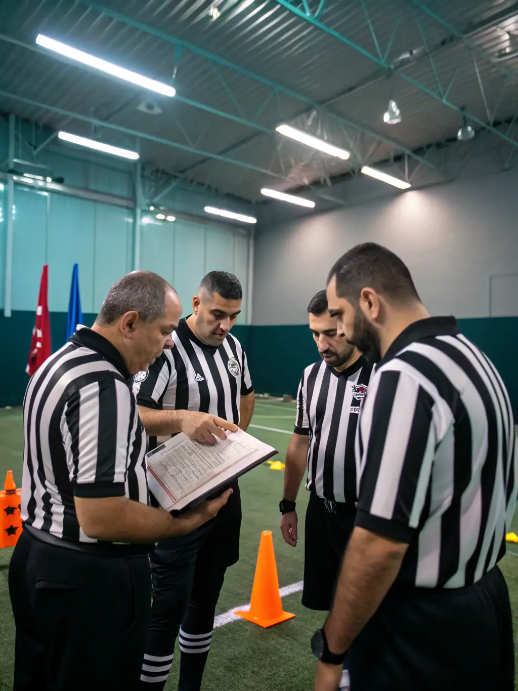 An image of referees undergoing training, focusing on the rules and regulations of rugby, emphasizing the FFR's dedication to maintaining high standards of officiating.