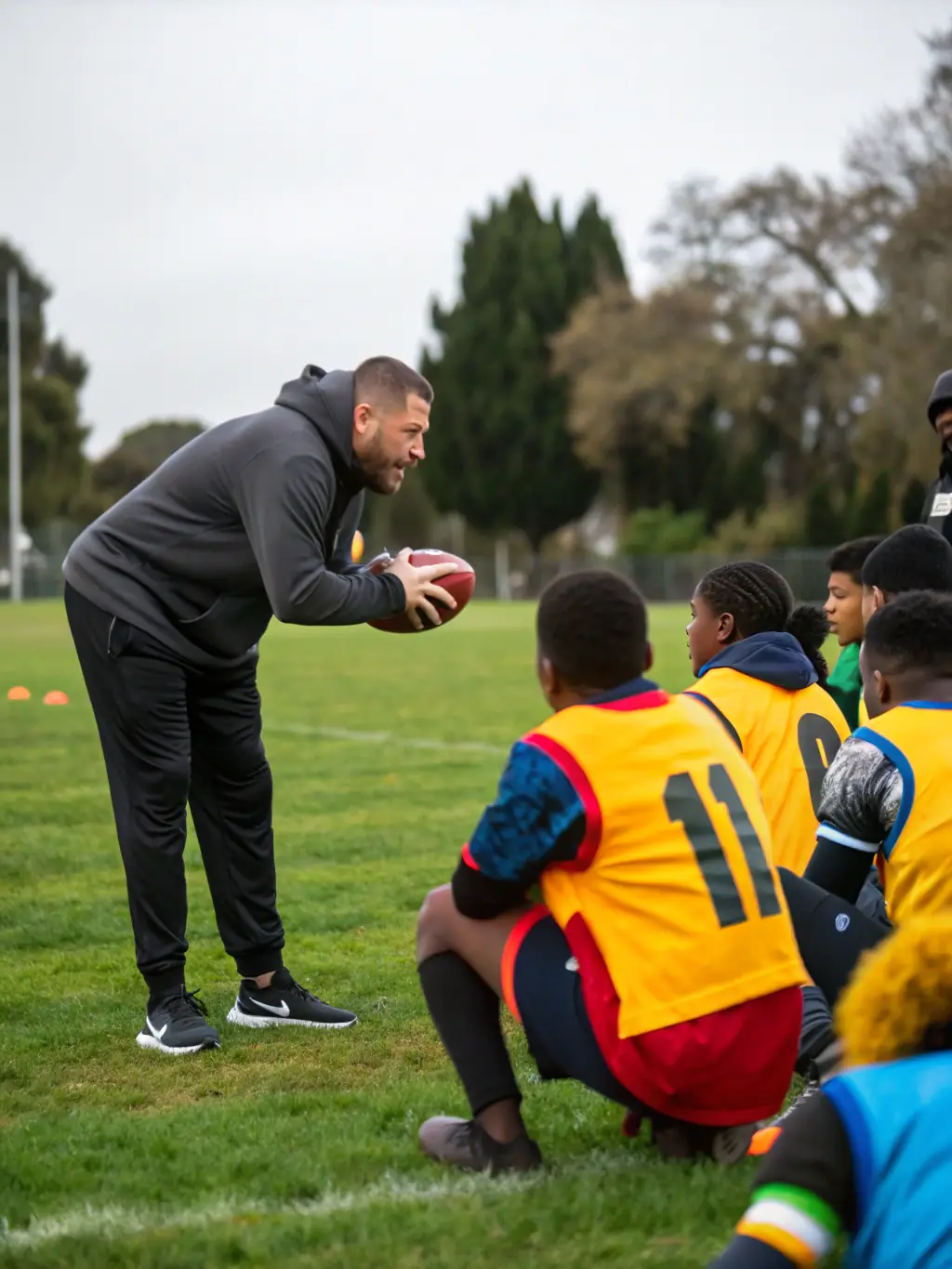 A photo of a group of amateur rugby coaches participating in a training workshop, demonstrating the FFR's commitment to developing coaching expertise and improving the quality of rugby instruction.