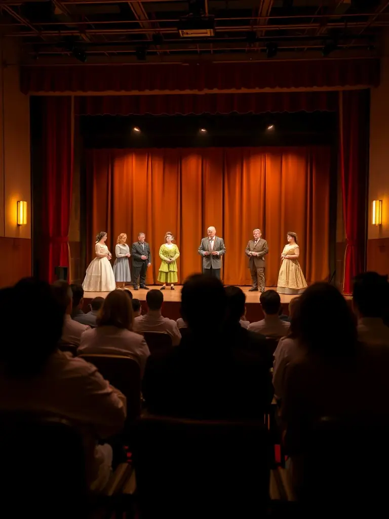 An image of a theatrical performance supported by IADC, highlighting the actors on stage and the engaged audience.