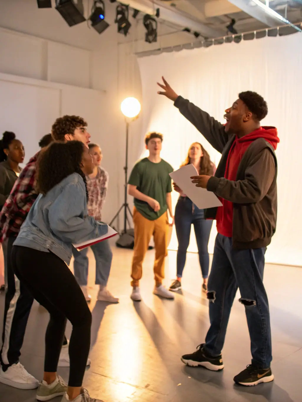 A photograph of a group of young people participating in a theater acting class, with an instructor guiding them through a scene, highlighting IADC's dedication to youth arts education.