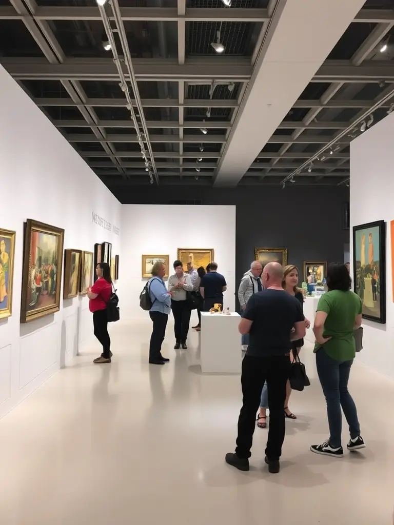 A photo of an art exhibition organized by IADC, featuring various artworks and attendees appreciating the display.