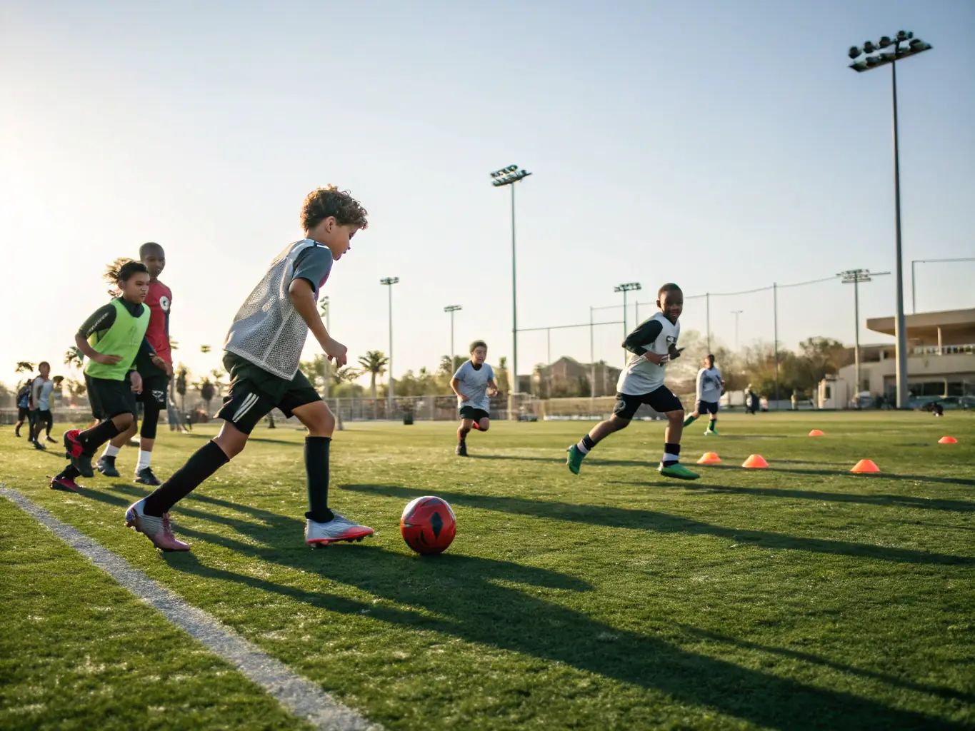 A vibrant image showing young football players participating in a training session at a local field, with coaches providing guidance and encouragement. The focus is on teamwork and skill development.