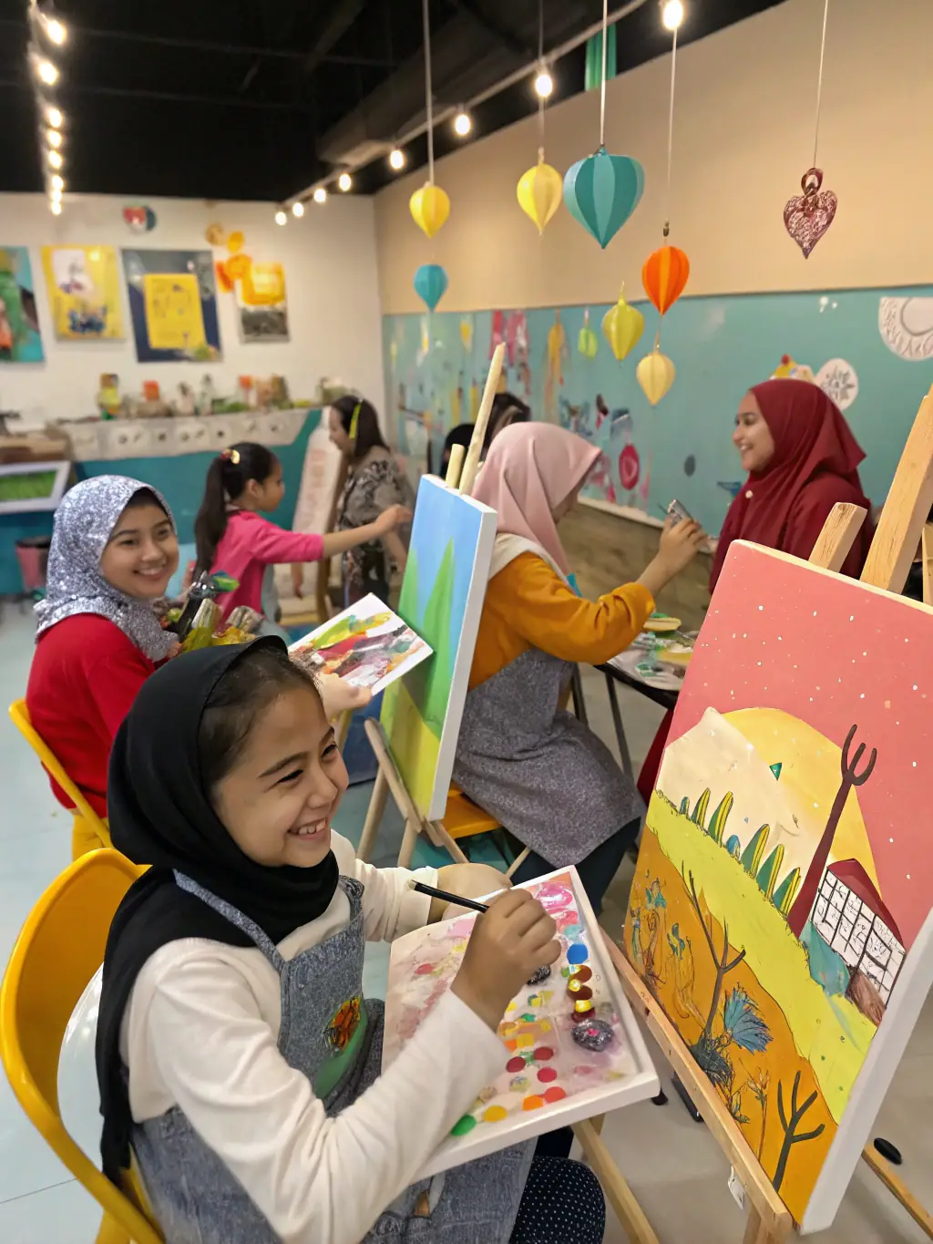 A dynamic image capturing a community art workshop in progress, with participants of all ages engaged in painting and crafting.