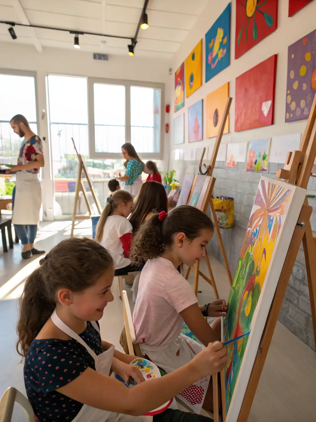 A vibrant photograph capturing a community art workshop in progress, showcasing participants of diverse ages and backgrounds engaged in painting and creative expression, reflecting IADC's commitment to accessible art programs.