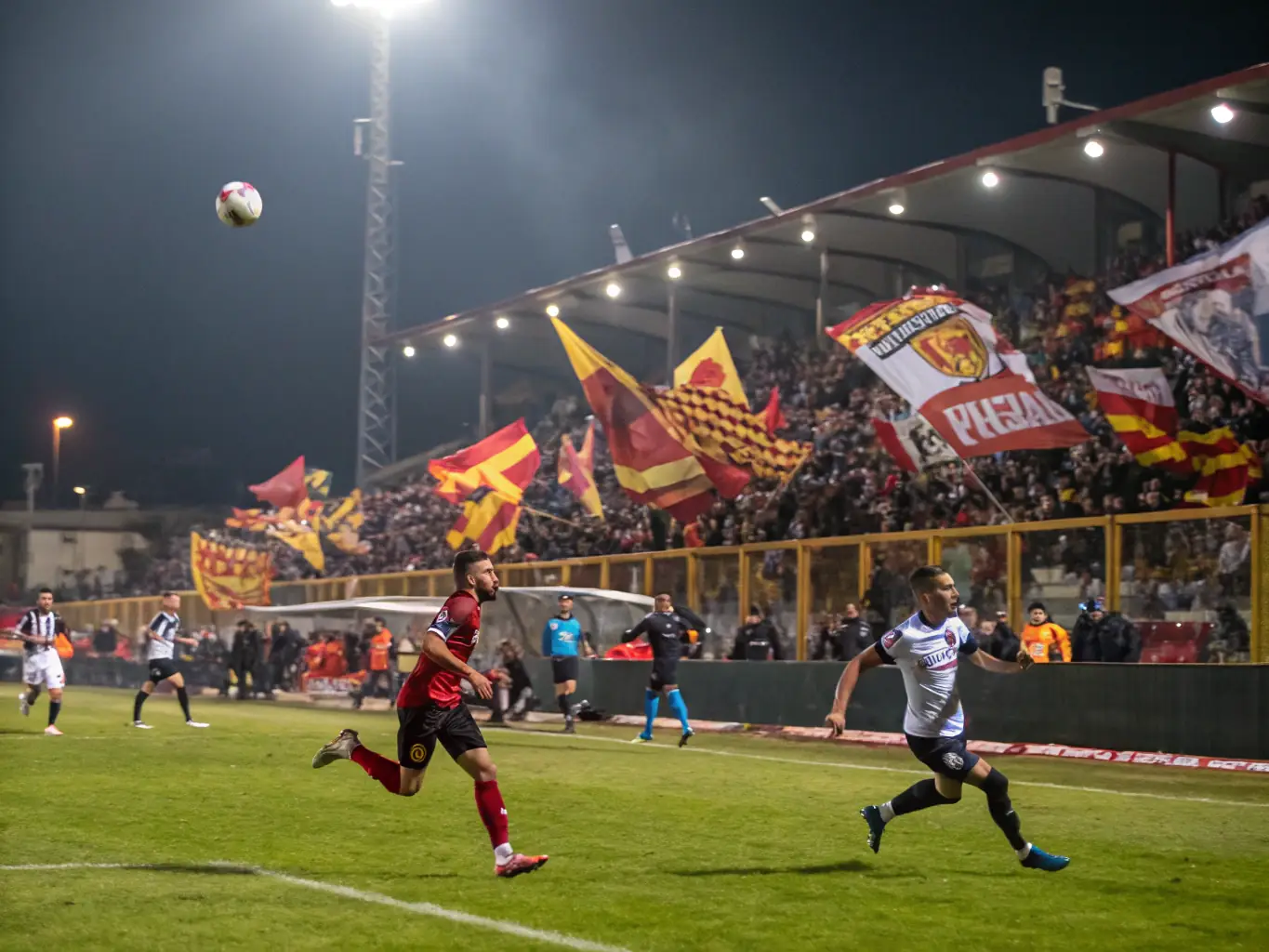 An action shot of a local football competition, capturing the intensity and excitement of the game. Players are seen competing fairly, demonstrating sportsmanship and teamwork.