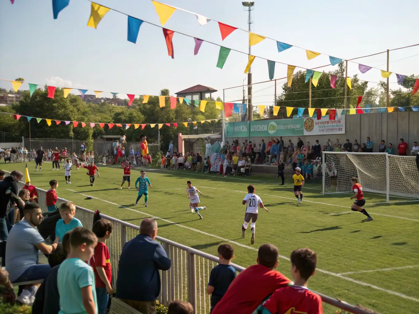 An image depicting a community football event, with families and players of all ages participating in friendly matches and activities, emphasizing community engagement and fun.