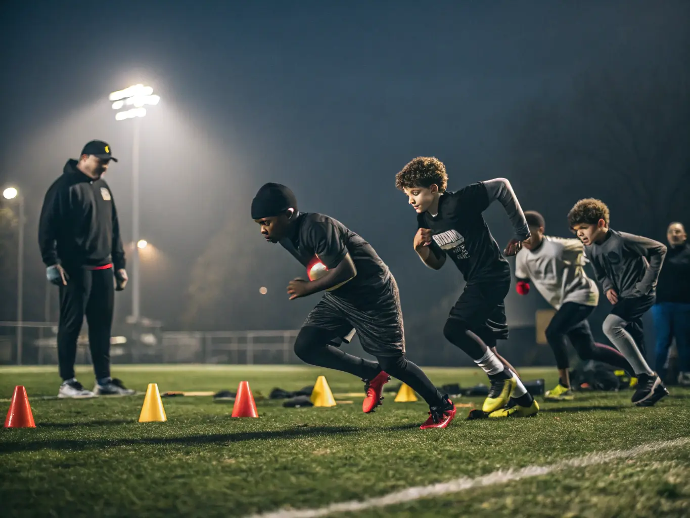 A vibrant image showing young football players participating in a training session, focusing on teamwork and skill-building, set against the backdrop of a sunny football field.