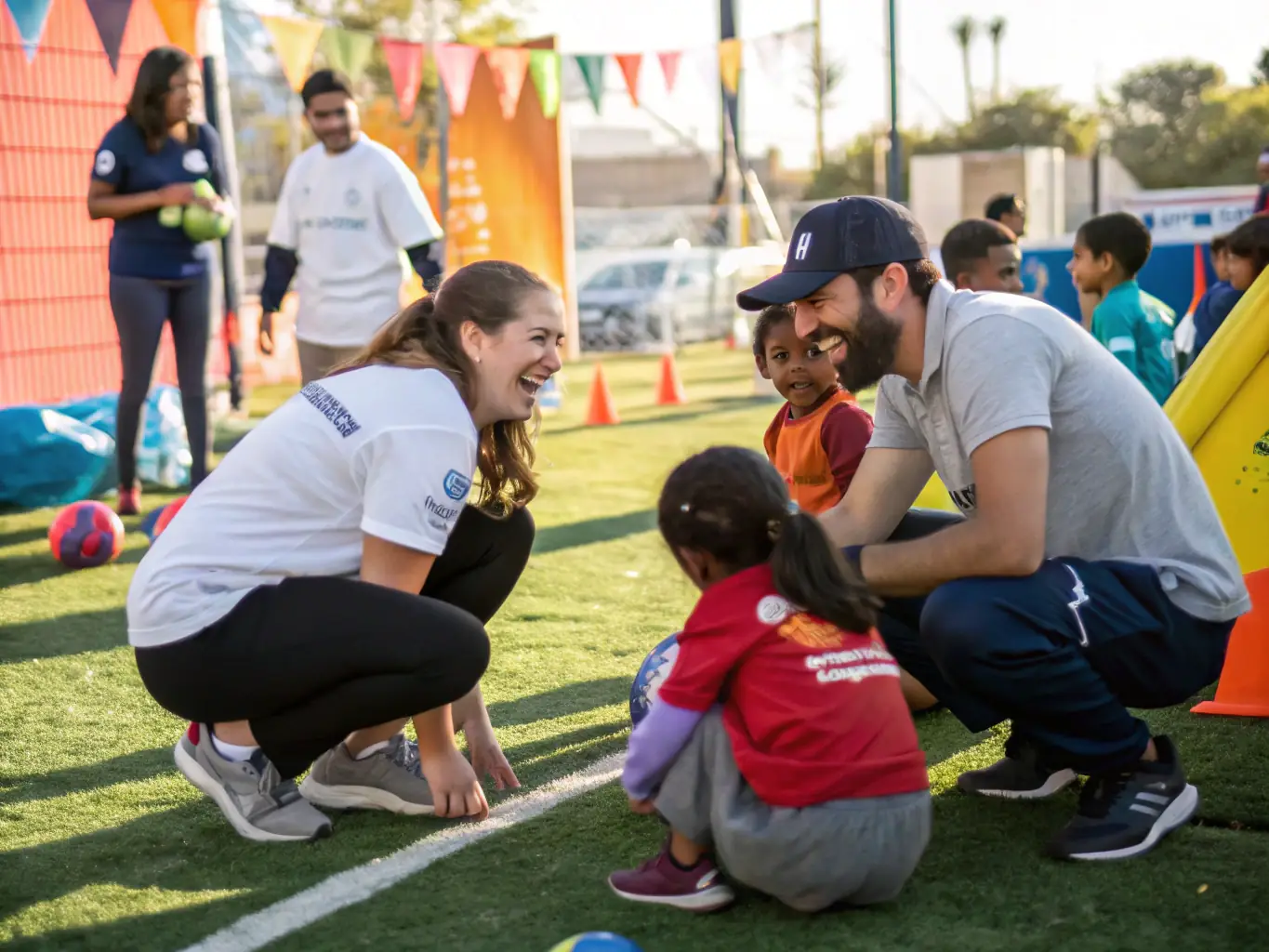 A heartwarming image of DISTRICT YVELINES DE FOOTBALL volunteers engaging with community members during a football-related event, such as a charity match or a community outreach program.